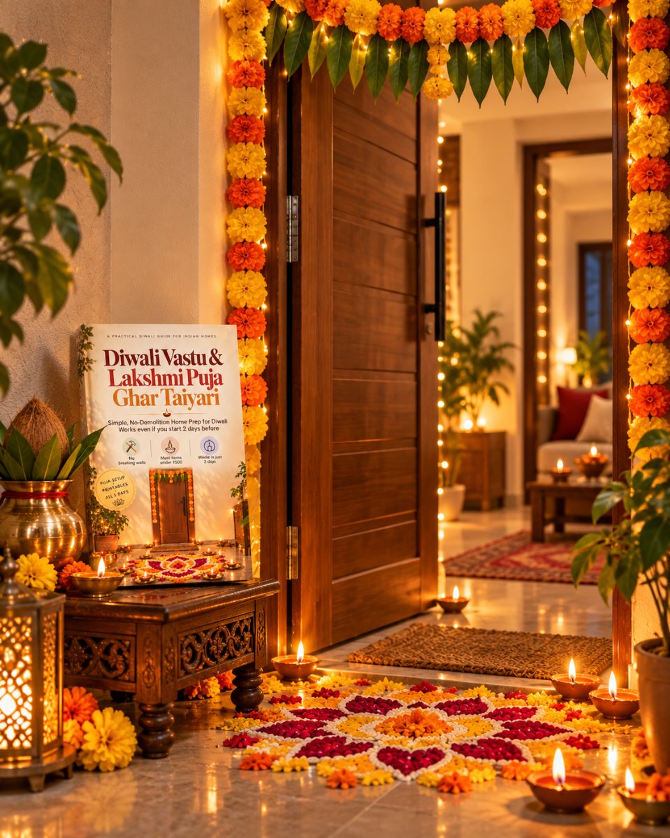 Apartment front door decorated for Diwali with a marigold toran, rangoli and diyas, next to the Diwali Vastu ebook