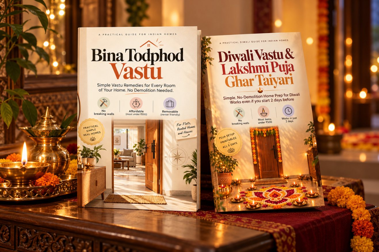 Bina Todphod Vastu and Diwali Vastu ebooks on a carved wooden table with a lit diya and marigolds